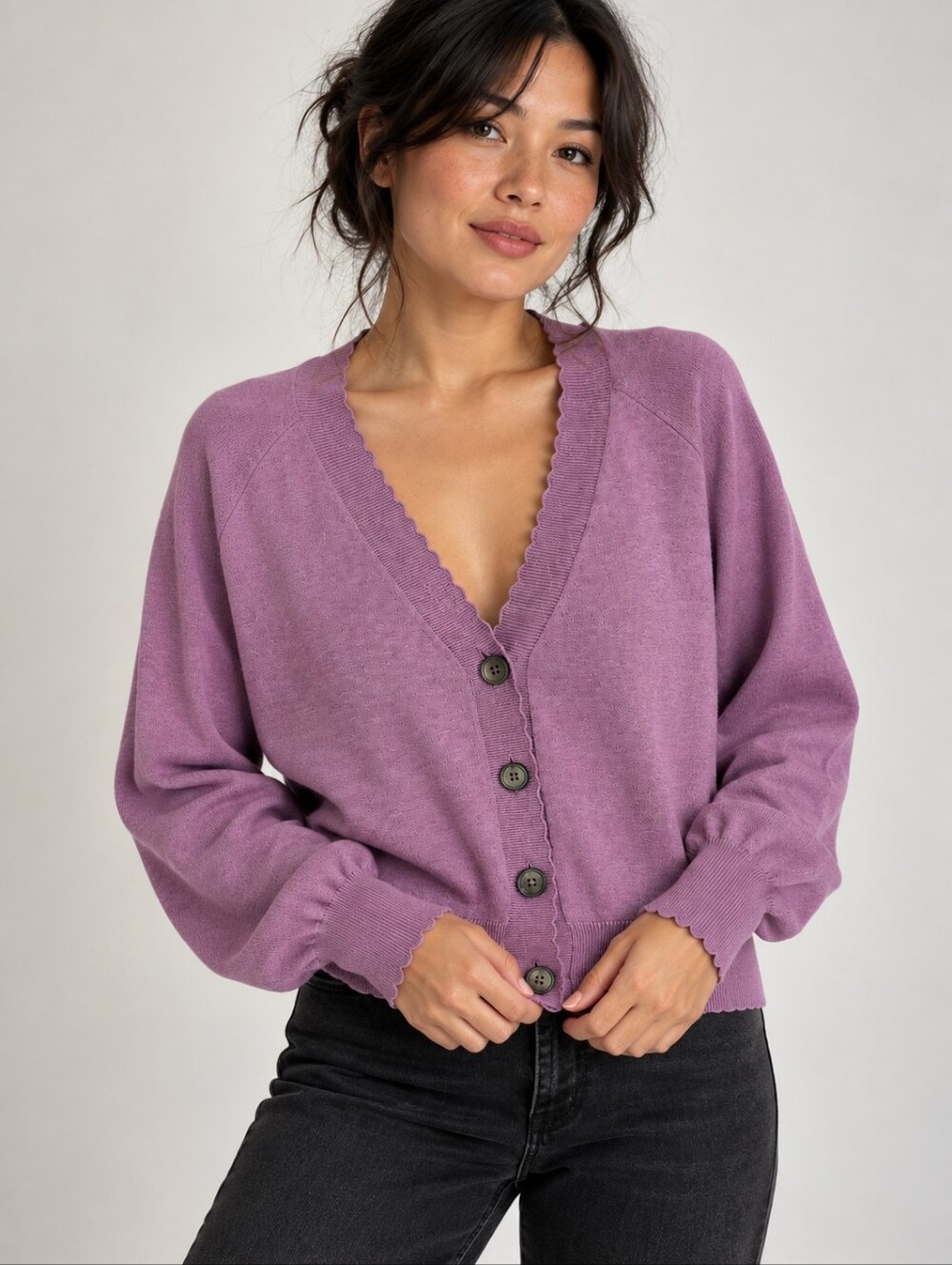 Repeat Purple Scallop Trim V-Neck Button Cardigan Size 38/S